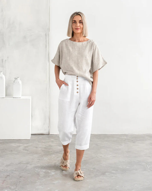 Stone Linen Short Sleeves Top – Loose Fit with Round Neck