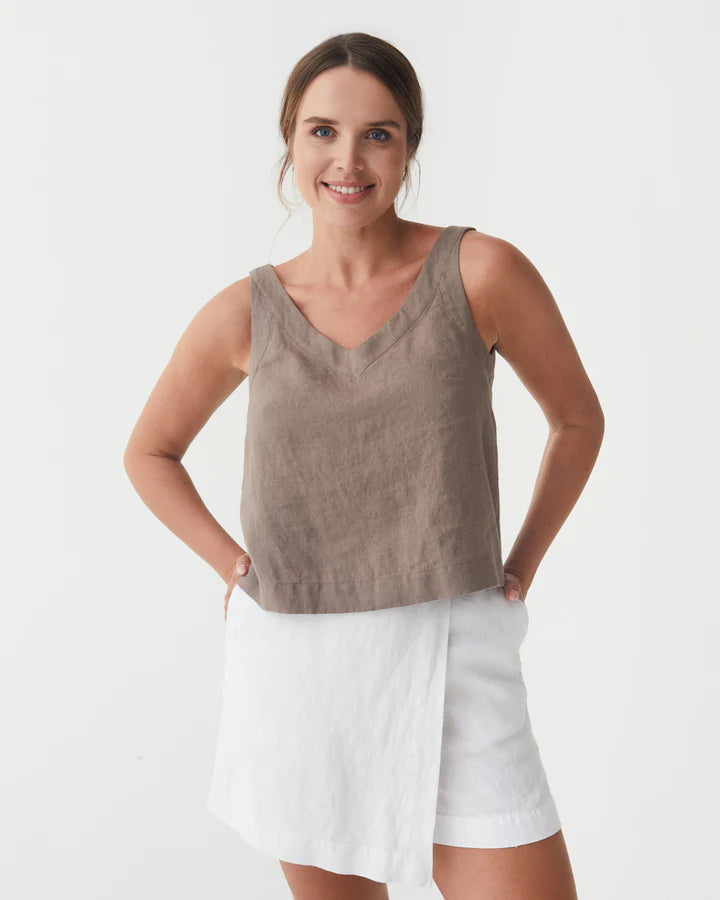 Taupe Linen Sleeveless Top – V-Neck & Relaxed Fit