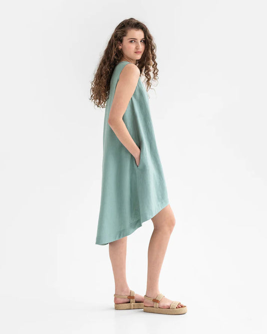 Teal Linen High-Low Dress – Sleeveless with Coconut Button