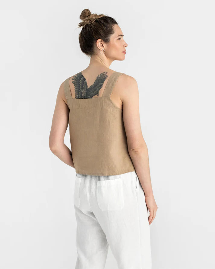 Beige Linen Tank Top – Square Neck with Wide Straps