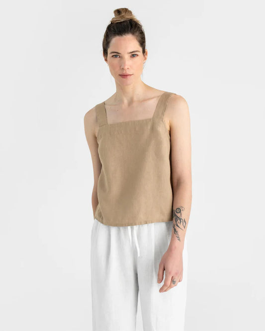Beige Linen Tank Top – Square Neck with Wide Straps