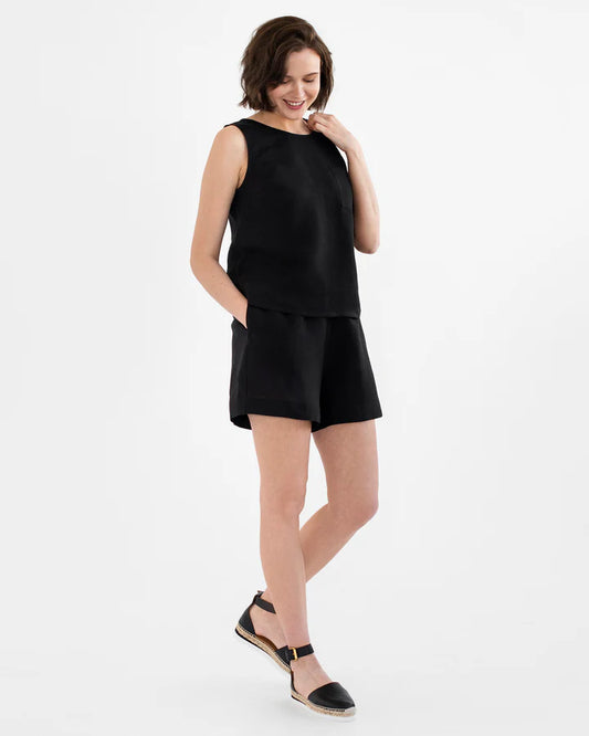 Black Linen Sleeveless Top with Round Neck and Front Pocket