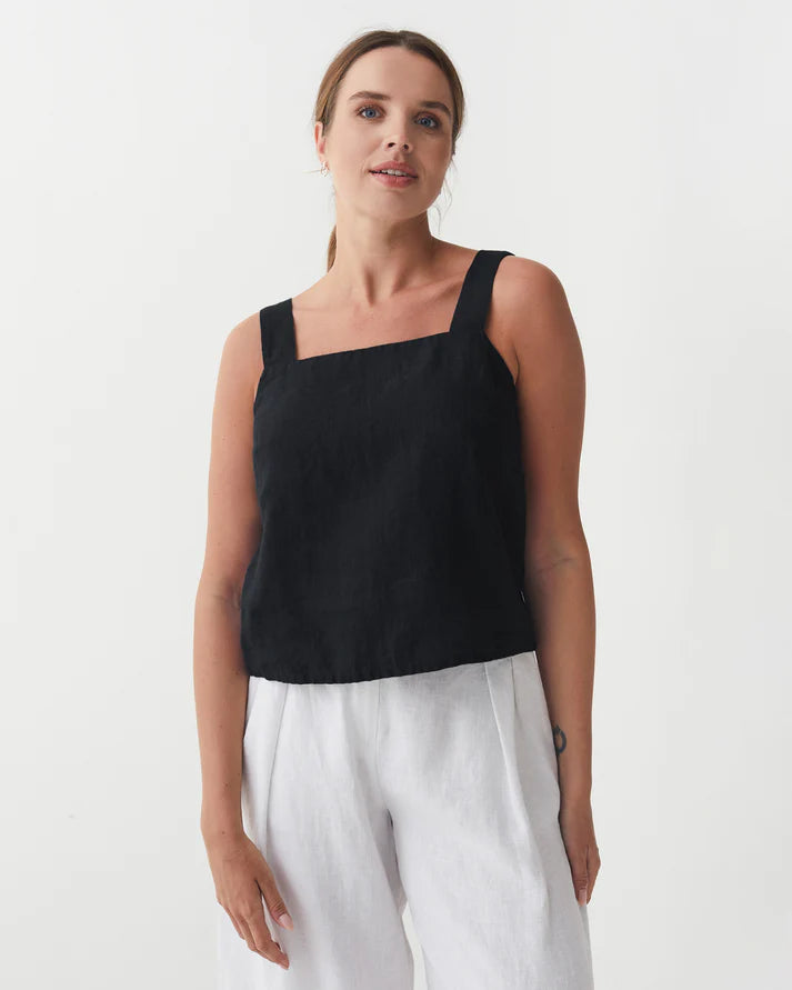 Black Linen Tank Top – Square Neck with Wide Straps