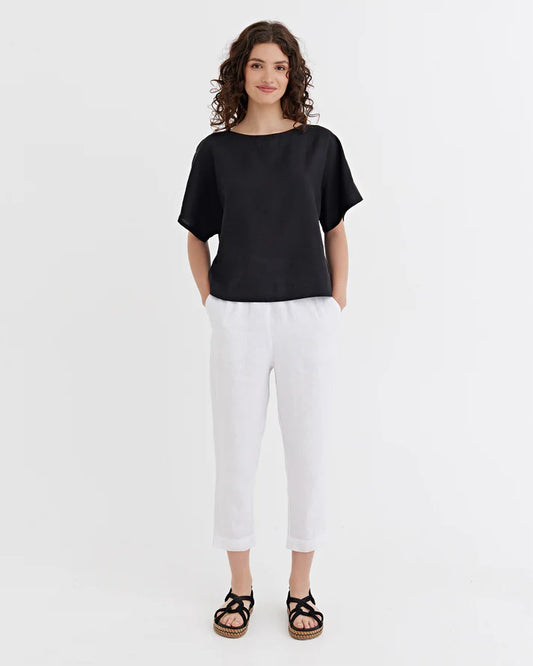 Black Linen Short Sleeves Top – Loose Fit with Round Neck
