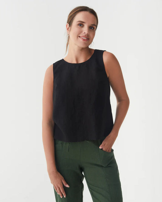 Black Linen Split Back Top – Sleeveless & Hip-Length