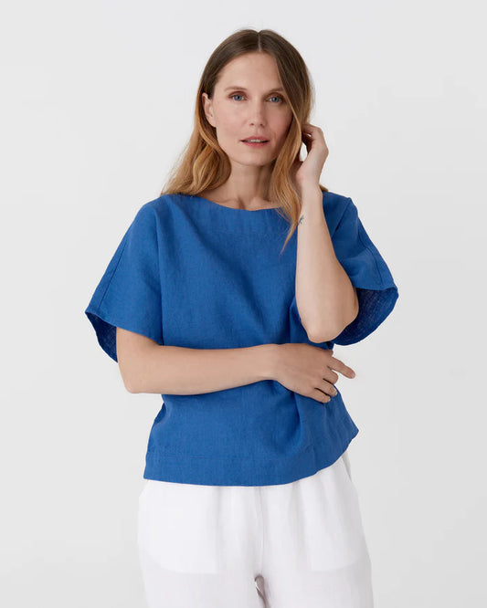 Blue Linen Short Sleeves Top – Loose Fit with Round Neck