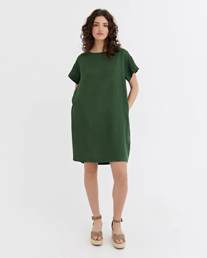 Deep Green Linen Mini Dress Short Sleeves & Open Back | Swiftyle Deep Green Linen Mini Dress Short Sleeves & Open Back | Swiftyle
