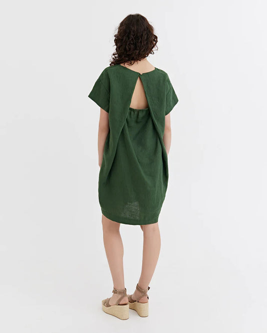 Deep Green Linen Mini Dress – Relaxed Fit with Open Back