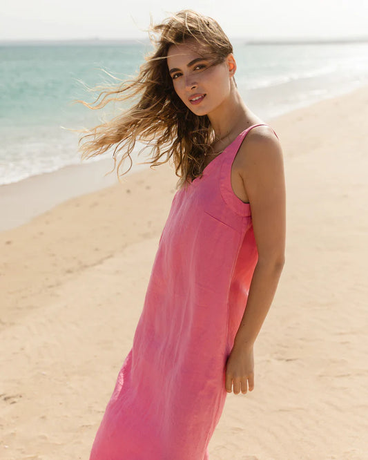 Pink Linen Maxi Dress – Sleeveless with V-Neck & Low Back
