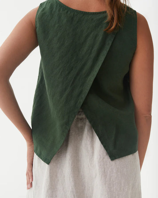 Green Linen Split Back Top – Sleeveless & Hip-Length