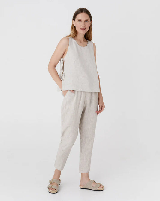 Sleeveless Linen Top with Side Ties – Natural Stone