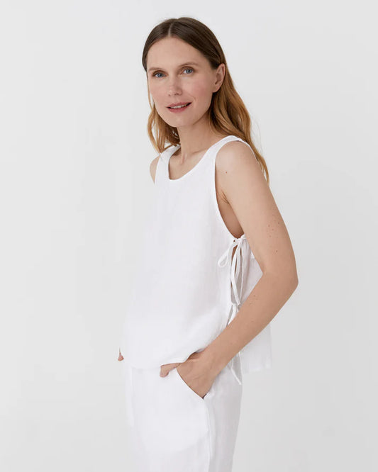 Sleeveless Linen Top with Side Ties – Natural White