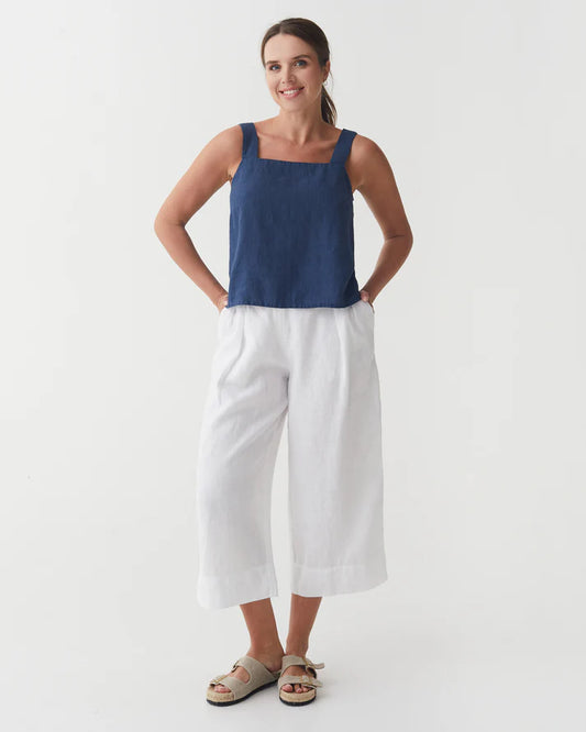 Deep Navy Linen Tank Top – Square Neck with Wide Straps