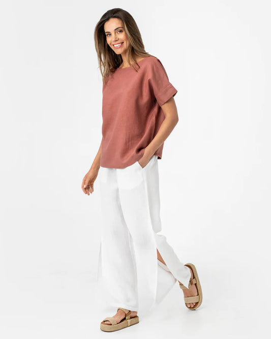 Rose Gold Linen Top – Boat Neck with Short Sleeves | 100% Egyptian Linen