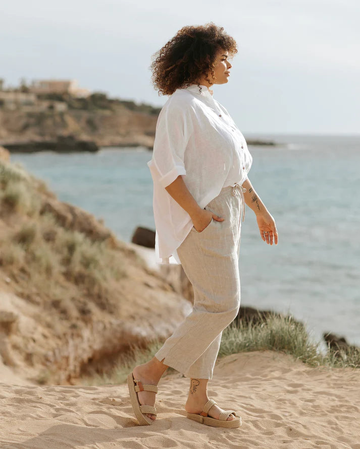 Oversized White Linen Shirt – ¾ Sleeve with Asymmetrical Hem