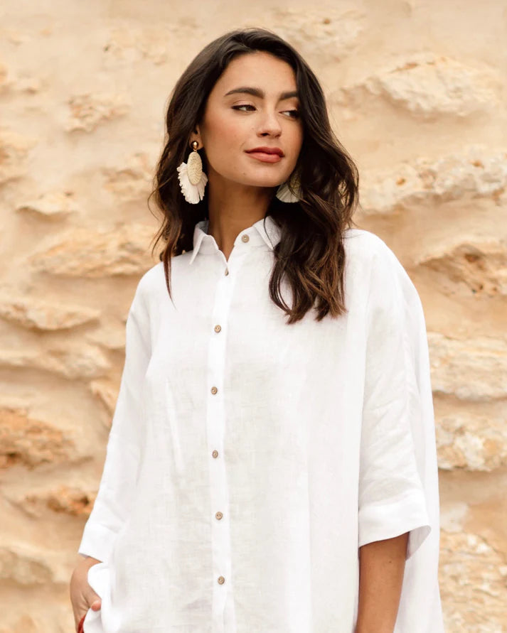 Oversized White Linen Shirt – ¾ Sleeve with Asymmetrical Hem