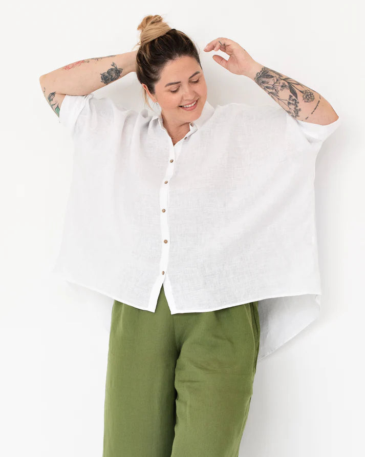 Oversized White Linen Shirt – ¾ Sleeve with Asymmetrical Hem