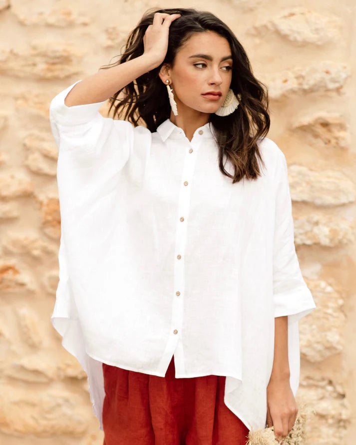 Oversized White Linen Shirt – ¾ Sleeve with Asymmetrical Hem