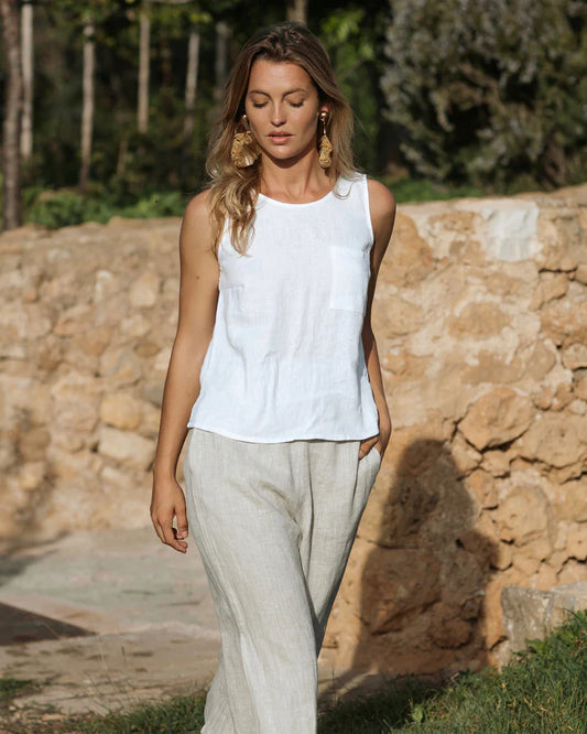 White Linen Sleeveless Top with Round Neck and Front Pocket