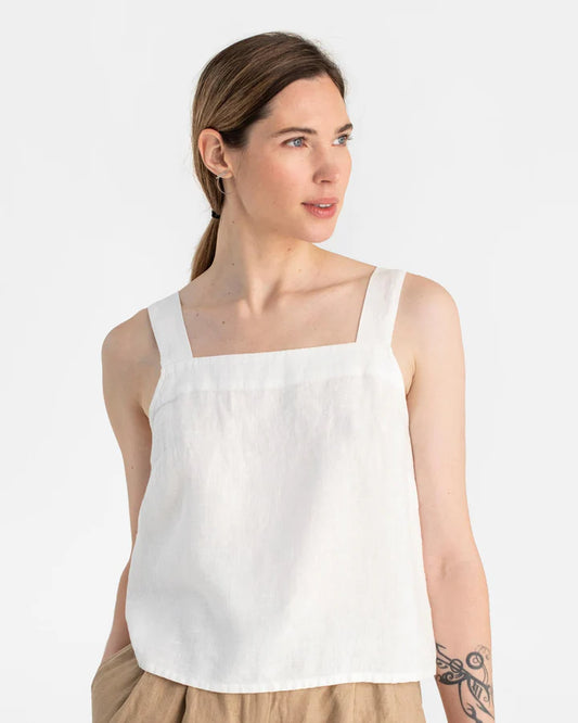White Linen Tank Top – Square Neck with Wide Straps
