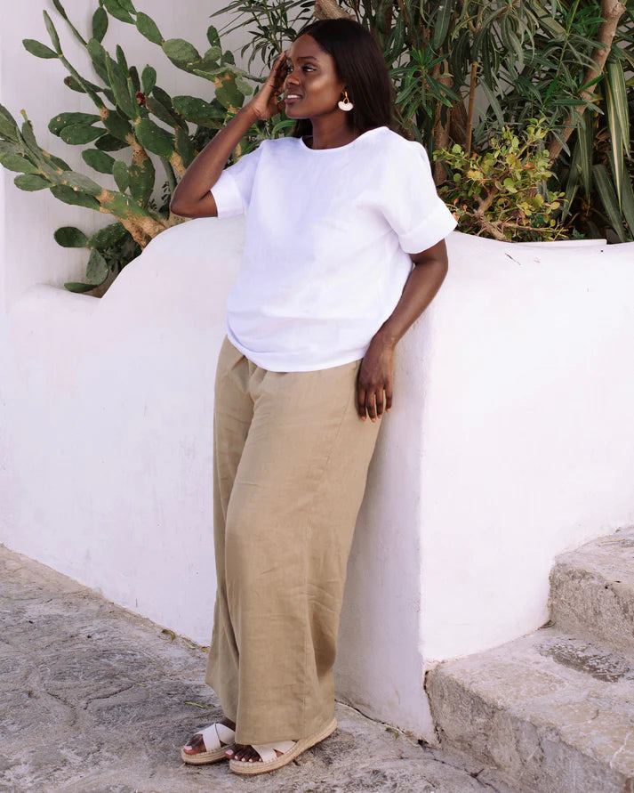 White Linen Top – Boat Neck with Short Sleeves | 100% Egyptian Linen