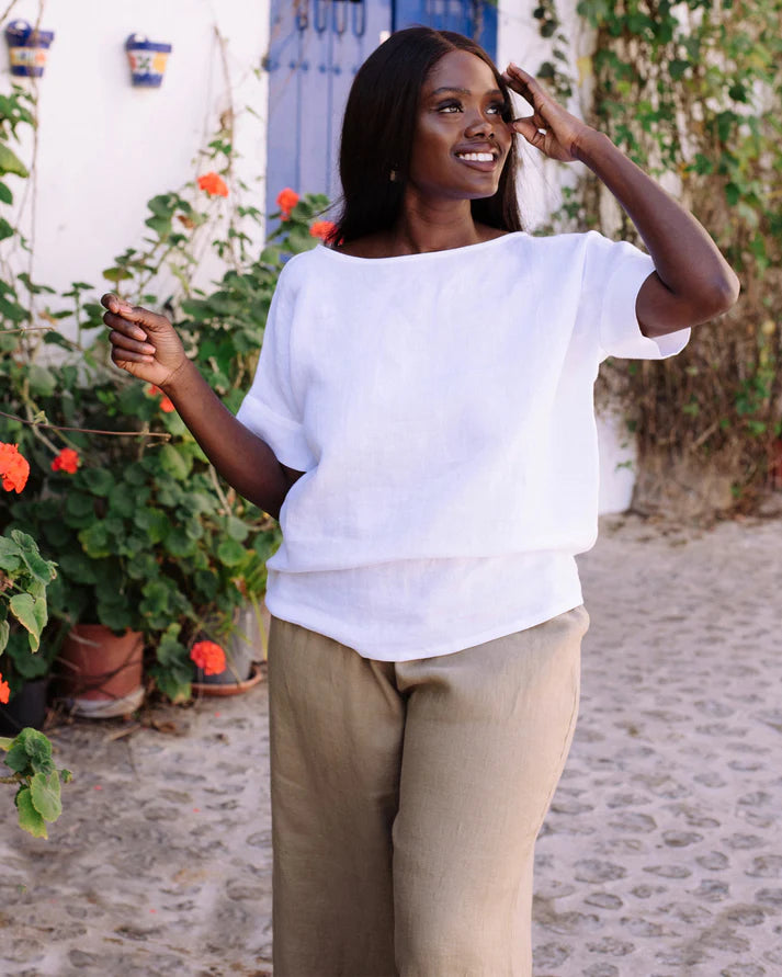 White Linen Top – Boat Neck with Short Sleeves | 100% Egyptian Linen