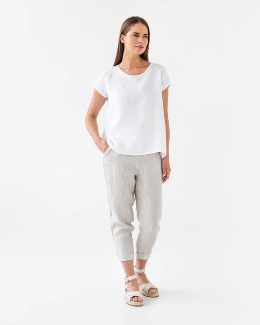 White Oversized Linen Top – Asymmetrical Hem & Short Sleeves