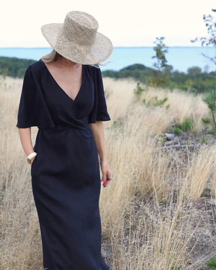 Maxi Linen Dress – V-Neck Draped Front with Tie Waist & Ruffled Sleeves