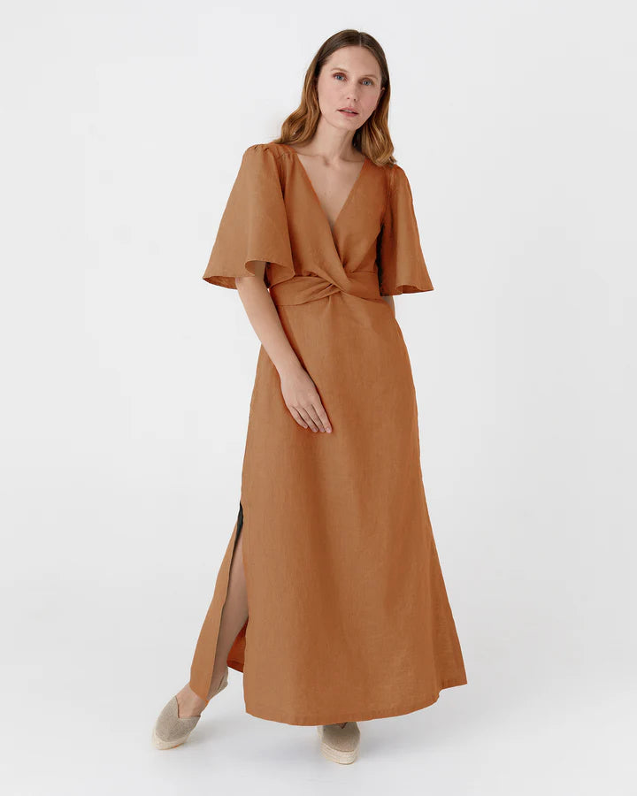 Maxi Linen Dress – V-Neck Draped Front with Tie Waist & Ruffled Sleeves