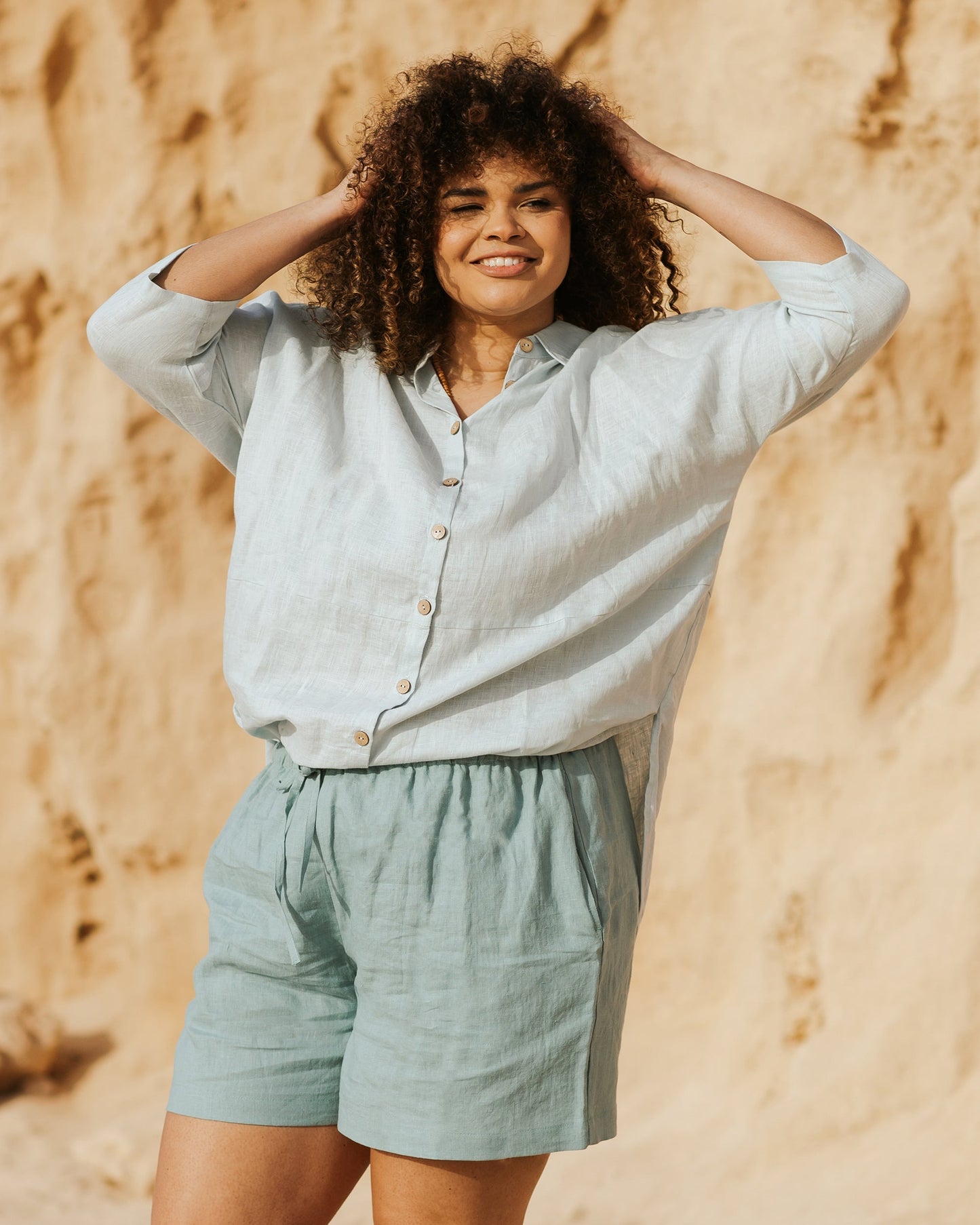 Lightweight Oversized Linen Tunic Shirt – Sky Blue Beach Cover-Up