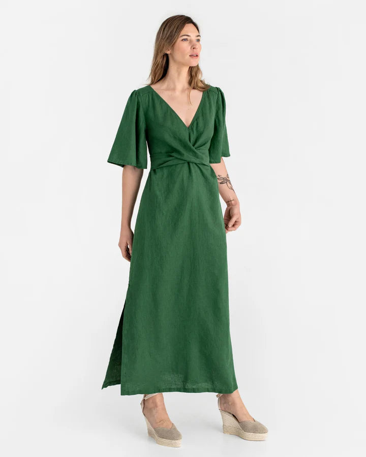 Maxi Linen Dress – V-Neck Draped Front with Tie Waist & Ruffled Sleeves