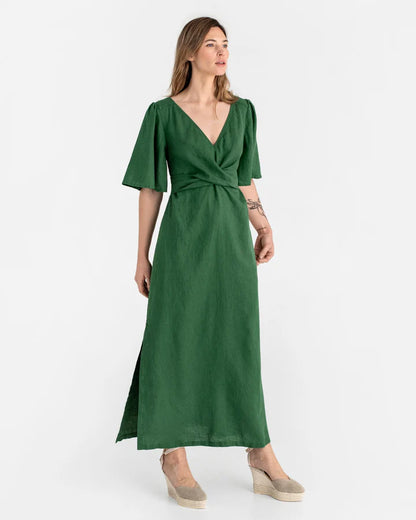 Maxi Linen Dress – V-Neck Draped Front with Tie Waist & Ruffled Sleeves