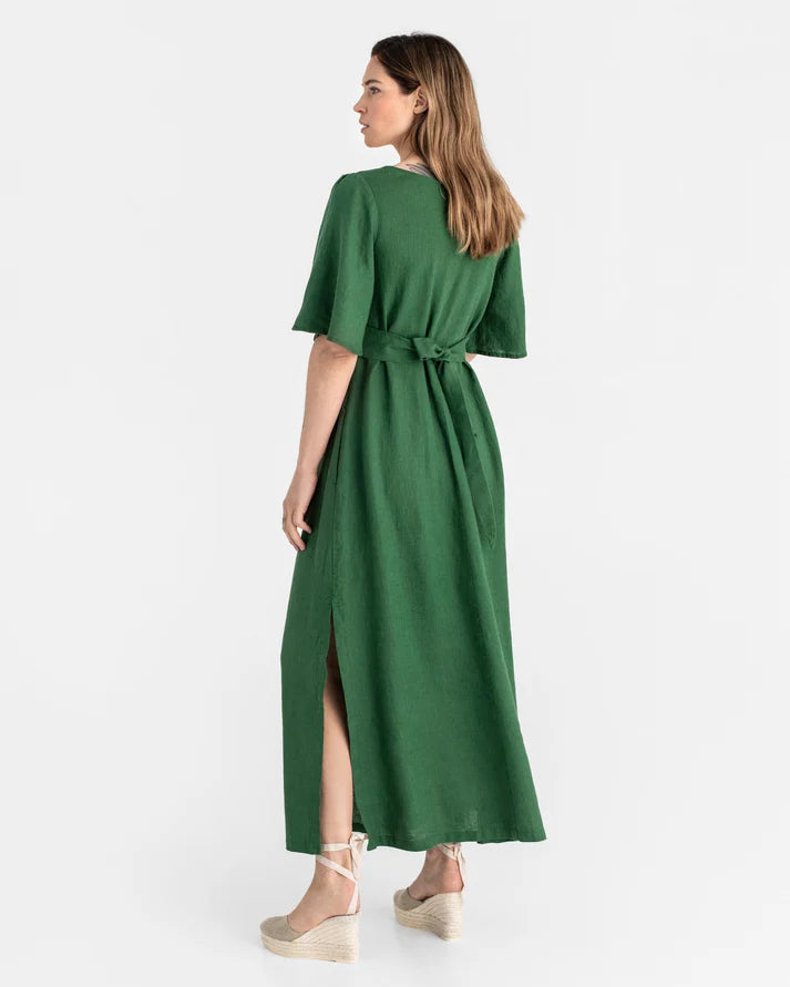 Maxi Linen Dress – V-Neck Draped Front with Tie Waist & Ruffled Sleeves