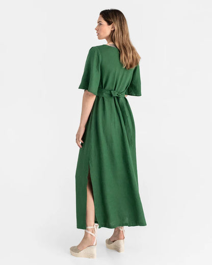 Maxi Linen Dress – V-Neck Draped Front with Tie Waist & Ruffled Sleeves