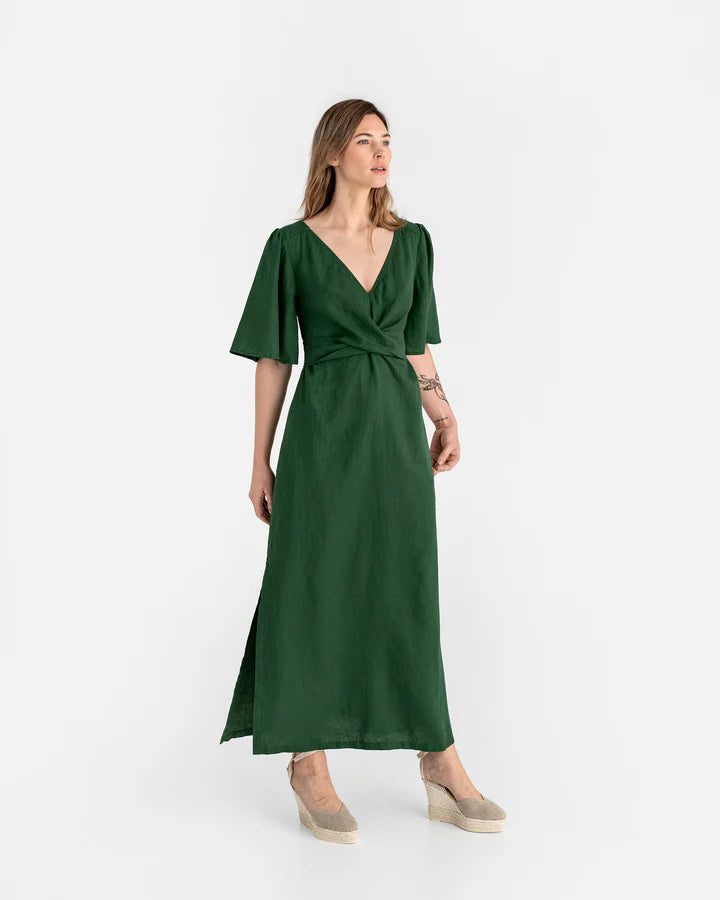 Maxi Linen Dress – V-Neck Draped Front with Tie Waist & Ruffled Sleeves