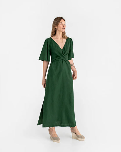 Maxi Linen Dress – V-Neck Draped Front with Tie Waist & Ruffled Sleeves