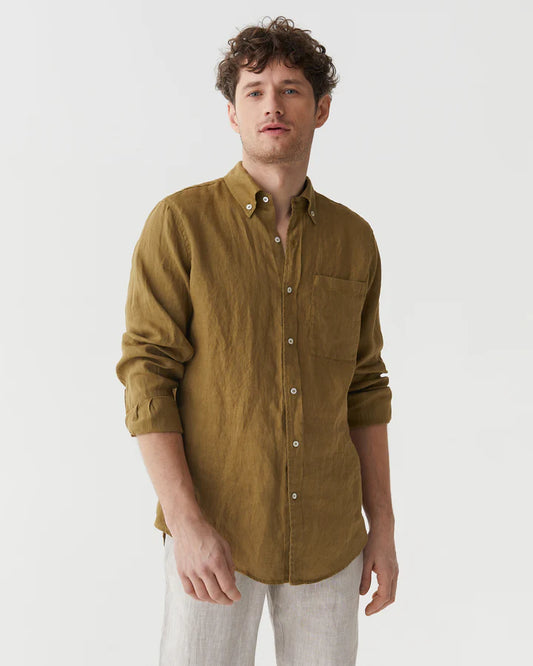 Khaki Long Sleeves Linen Shirt – Modern Fit, River Shell Button-Up