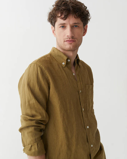 Khaki Long Sleeves Linen Shirt – Modern Fit, River Shell Button-Up