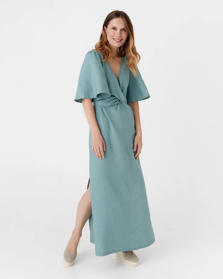 Maxi Linen Dress – V-Neck Draped Front with Tie Waist & Ruffled Sleeves