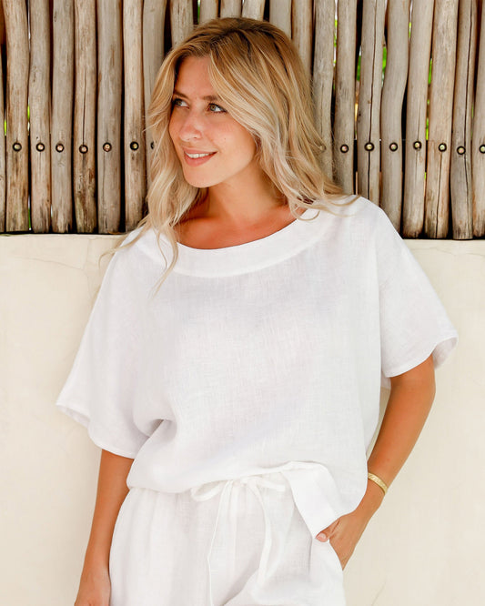 White Linen Short Sleeves Top – Loose Fit with Round Neck