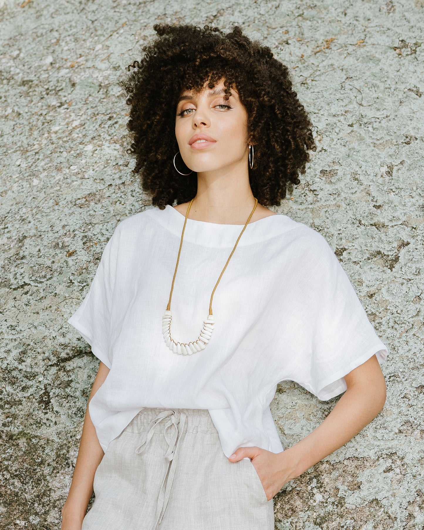 White Linen Short Sleeves Top – Loose Fit with Round Neck