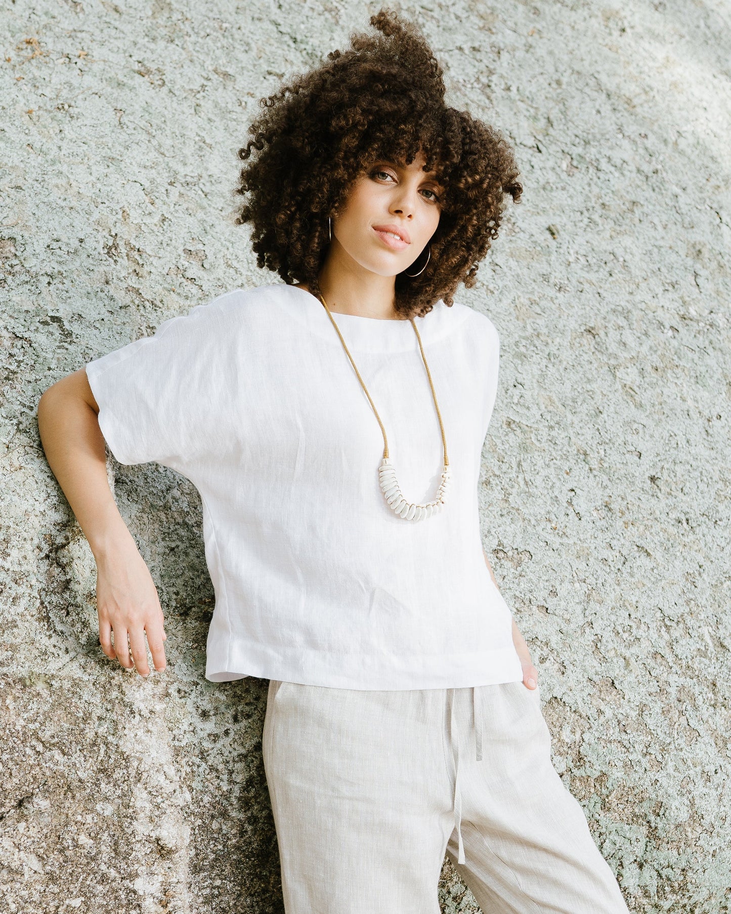 White Linen Short Sleeves Top – Loose Fit with Round Neck