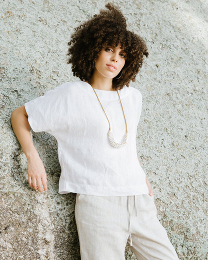 White Linen Short Sleeves Top – Loose Fit with Round Neck