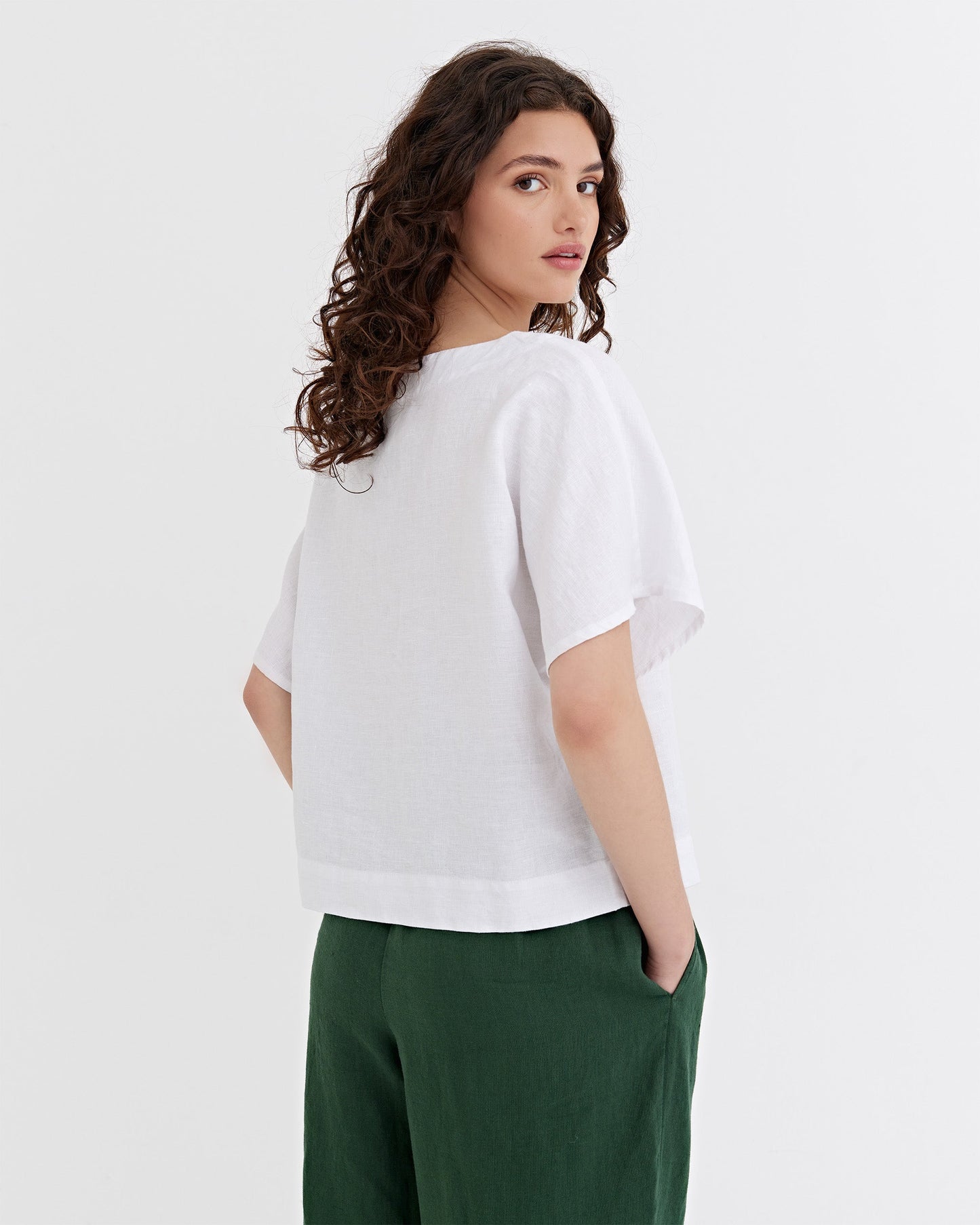 White Linen Short Sleeves Top – Loose Fit with Round Neck