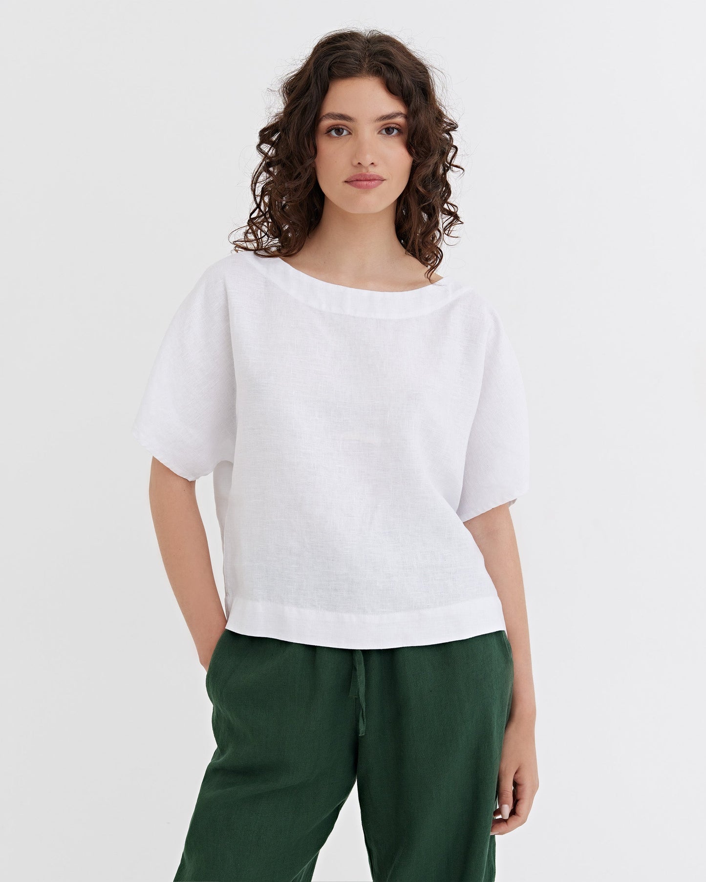 White Linen Short Sleeves Top – Loose Fit with Round Neck