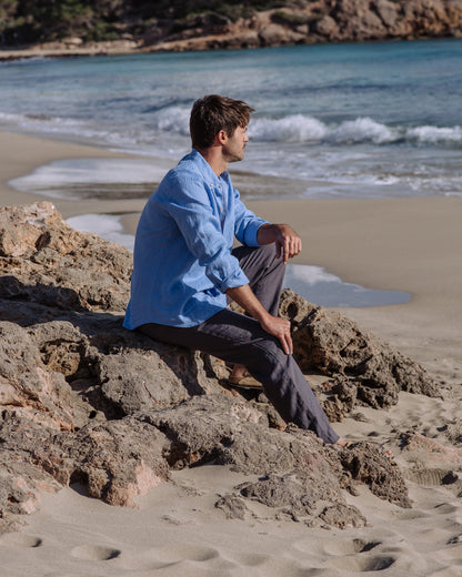 Men's Pacific Blue Linen Shirt, Lightweight Regular Fit with Button-Down Collar, Long Sleeve Casual Shirt 3