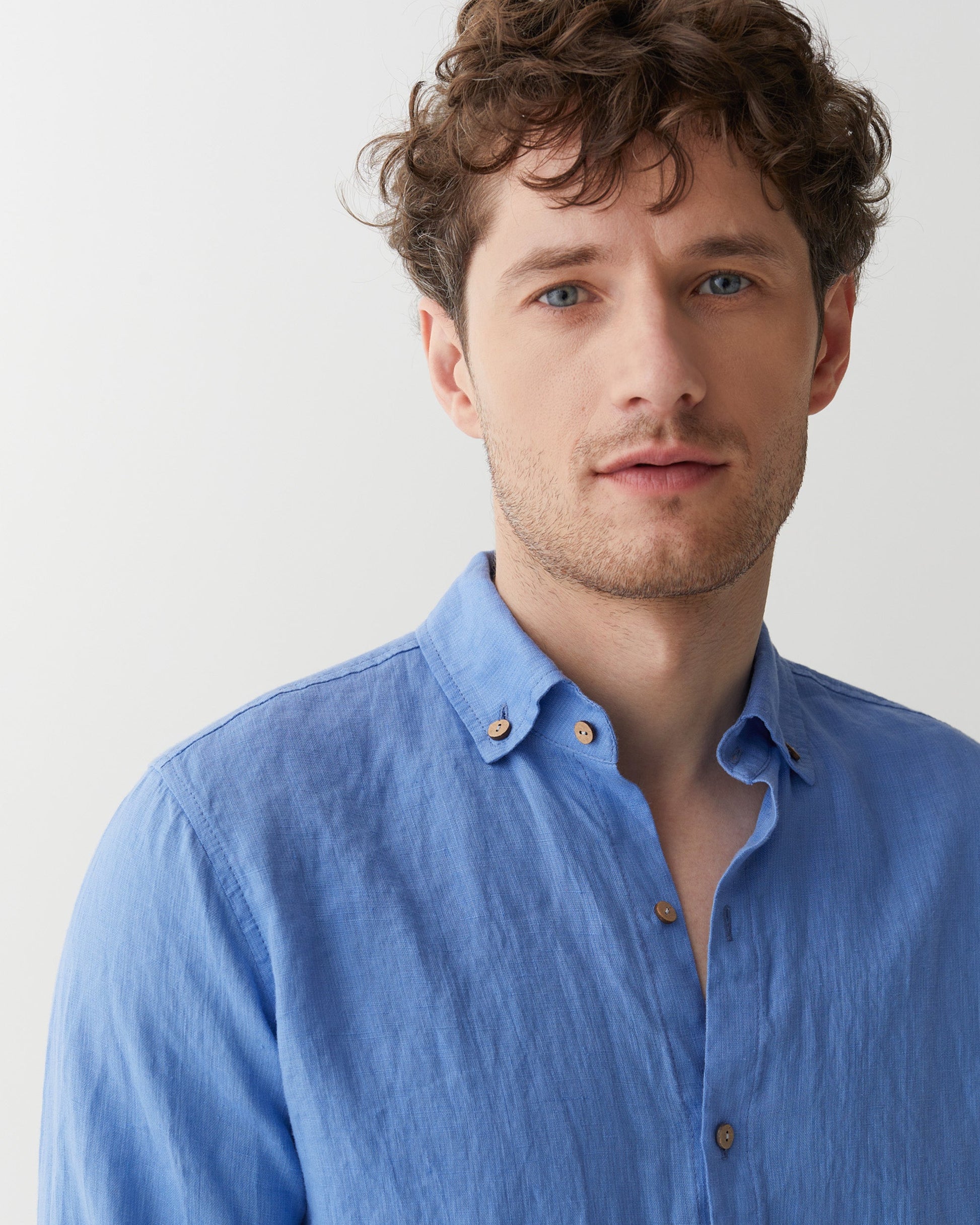 Men's Pacific Blue Linen Shirt, Lightweight Regular Fit with Button-Down Collar, Long Sleeve Casual Shirt 5