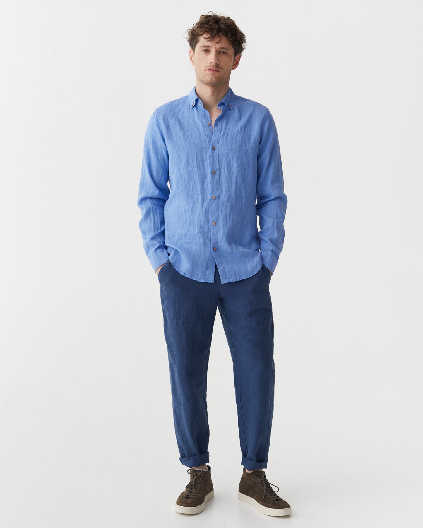 Men's Pacific Blue Linen Shirt, Lightweight Regular Fit with Button-Down Collar, Long Sleeve Casual Shirt 7