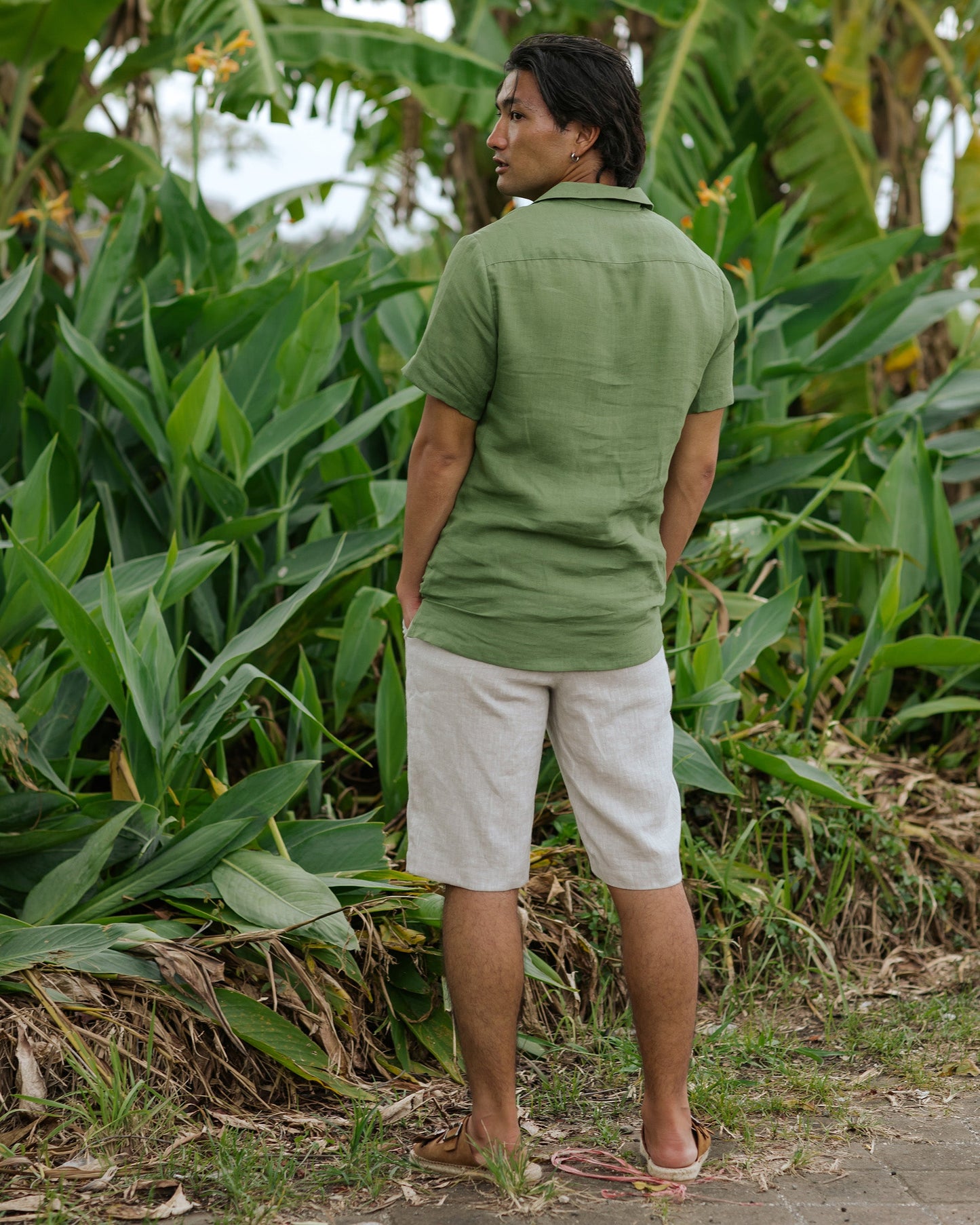 Men's Short-Sleeved Linen Shirt in Forest Green - Lightweight Relaxed Fit Camp Collar Summer Style 1