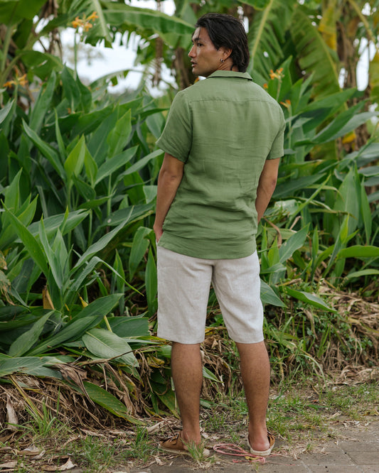 Men's Short-Sleeved Linen Shirt in Forest Green - Lightweight Relaxed Fit Camp Collar Summer Style 1